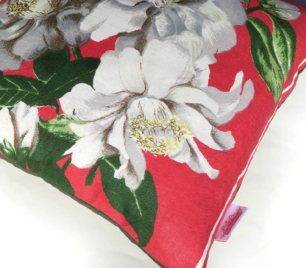Gorgeous Handmade Vintage Cushion - White flowers on Red Linen