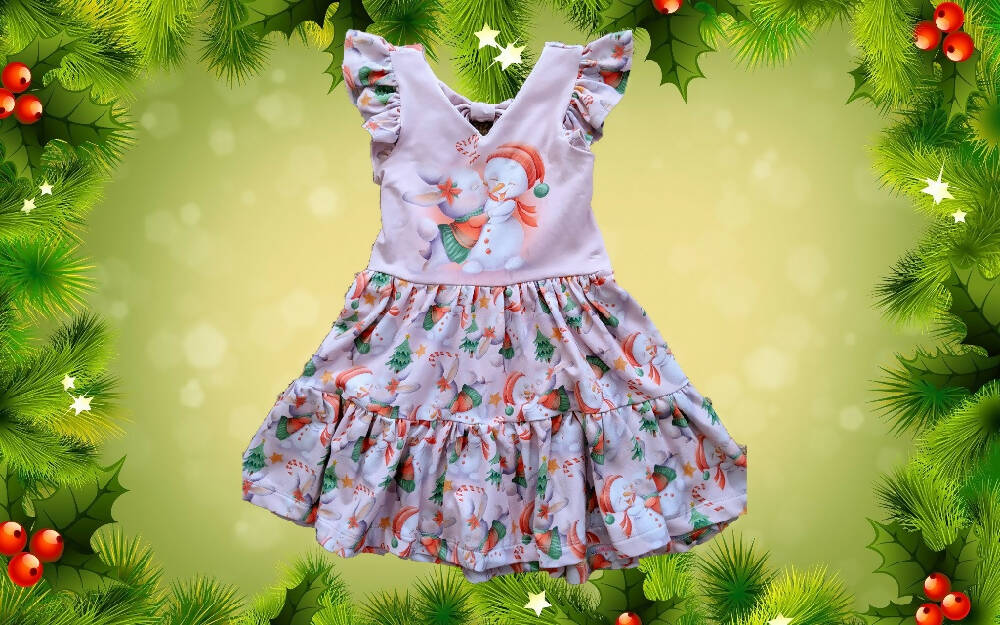 Christmas, Girls Stretch Dress, Snowman and Bunny, Size 3, 5