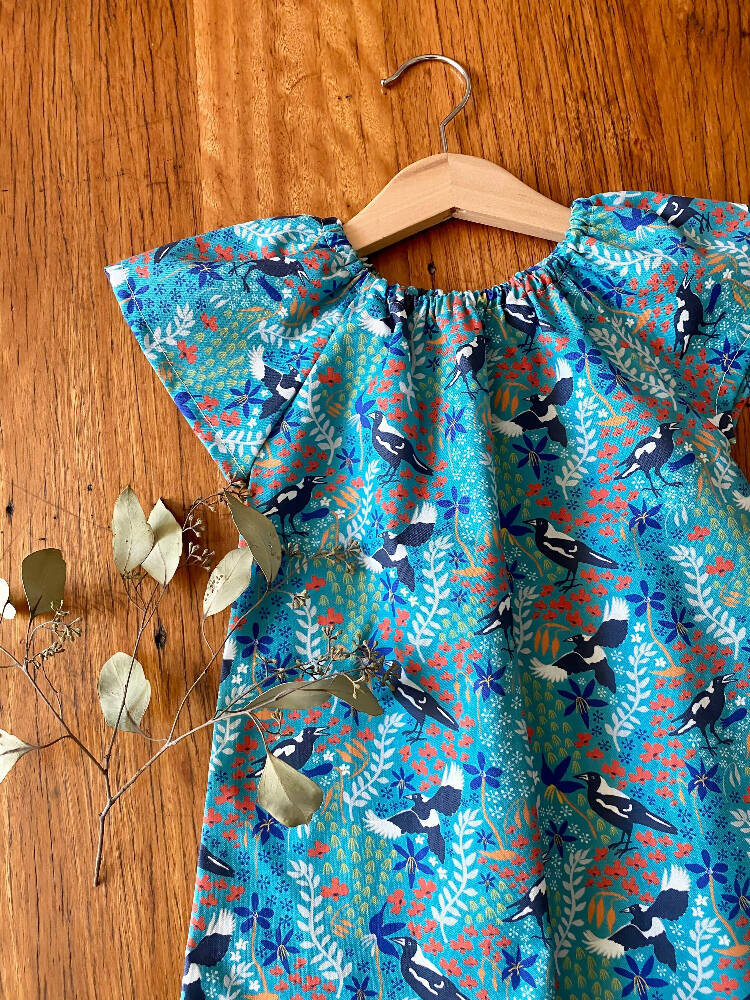dress - turquoise magpies / cotton peasant-style dress green / Australian birds