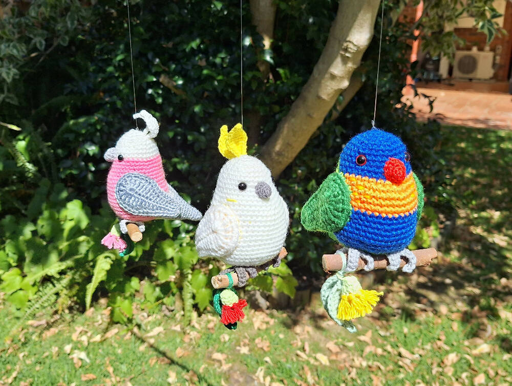 crocheted sulphur crested cockatoo on perch room decoration