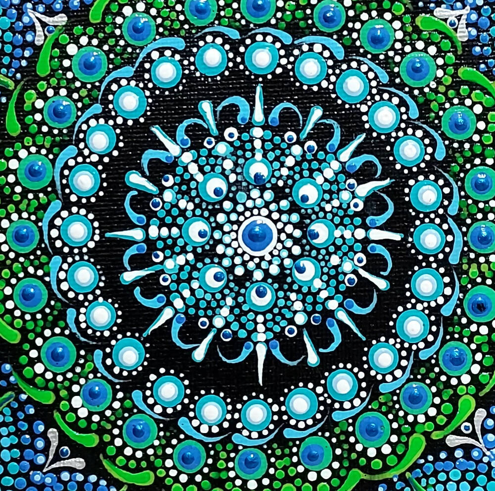 Framed Dot Art called "Blue Dahlia".
