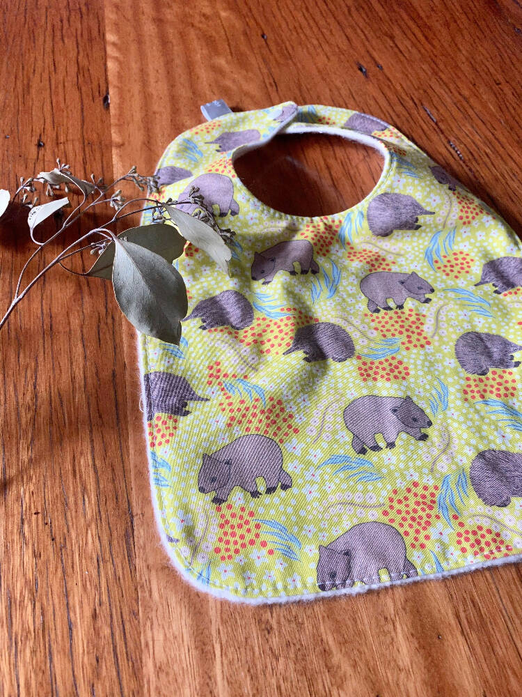 bib - green wombat echidna / organic cotton hemp fleecy / baby toddler
