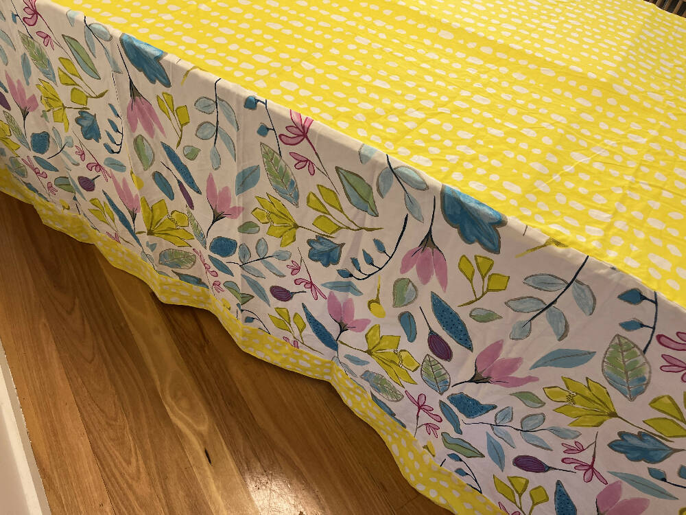 Handmade Fabric Table Cubby - Bright abstract flowers print with yellow roof 220cm x 110cm