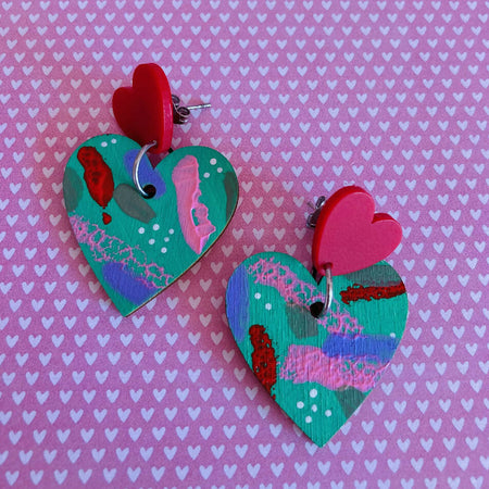 Green Handpainted heart / red top earrings