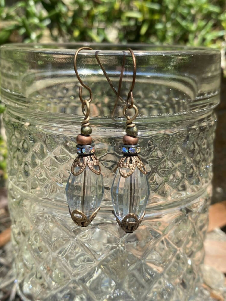 Lucite Blue Grey Faceted Bead and Vintaj Brass Drop Earrings