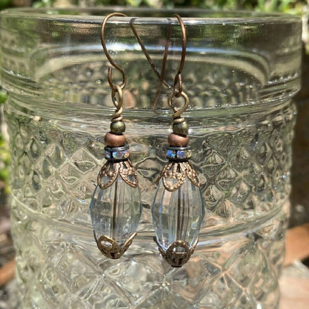 Lucite Blue Grey Faceted Bead and Vintaj Brass Drop Earrings