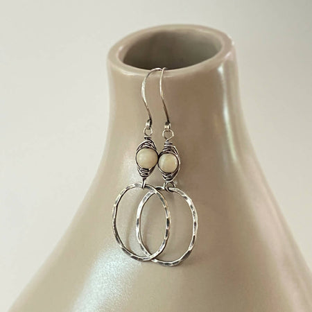 Sterling Silver Herringbone Weave Wire Wrap Mother of Pearl Earrings
