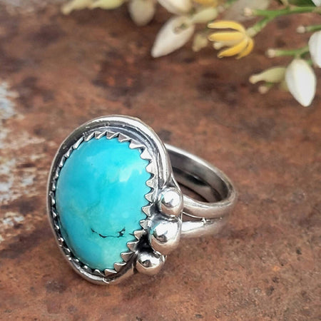 Tibetan Turquoise Ring with Silver Embellishments // Size S