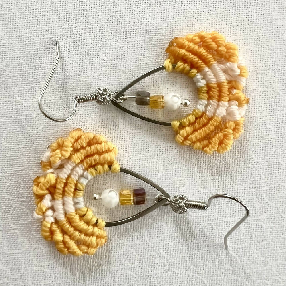 Yellow & White Micro Macrame Earrings, Silver Plated hooks + Free microfiber pouch