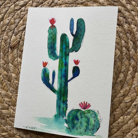Set Of 4 Greeting Cards Hand Painted Original Artworks - Cactus