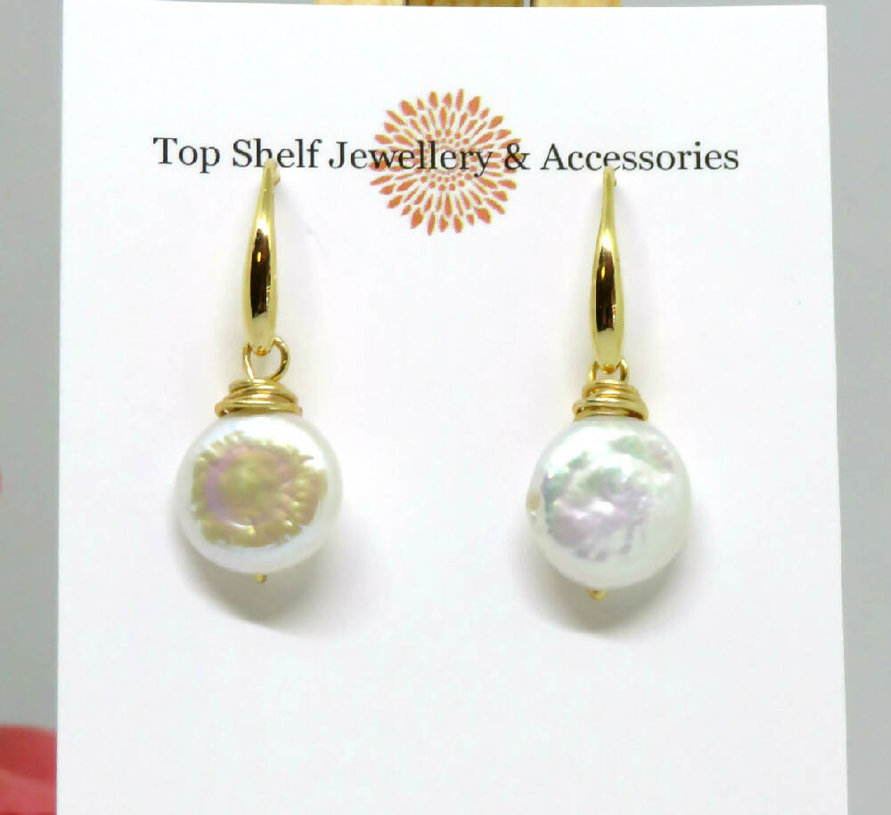 White Button Baroque Pearl Wire Wrapped Earrings