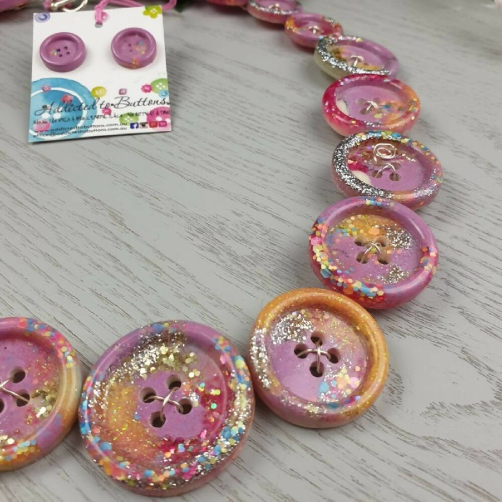 Button Necklace Pink Sparkle Handcast Resin Buttons & Earrings Jewellery