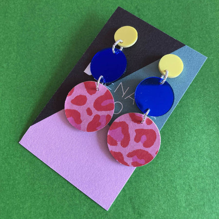 Triple layer red/pink animal print earrings