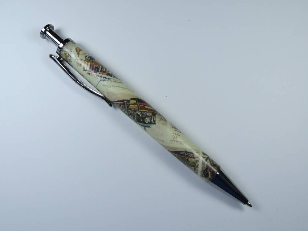 Resin Executive click style pen using Train Postage Stamps.