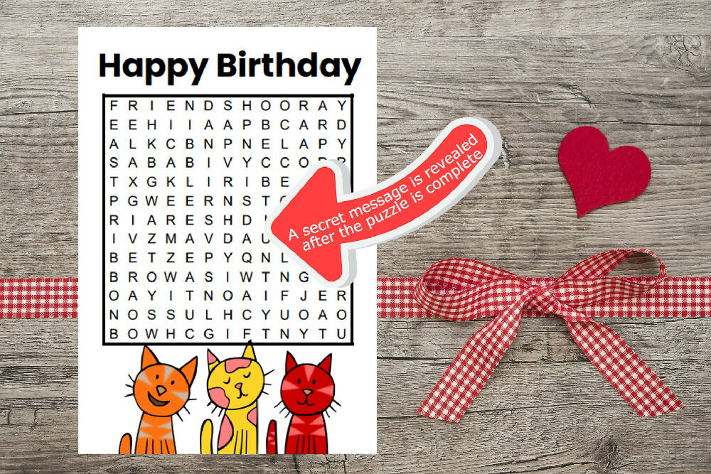 DIGITAL - Printable Birthday Card - WORD SEARCH Puzzle - PDF Download