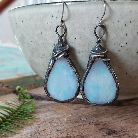 Iridescent stained glass artisan soldered earrings, raindrop earrings