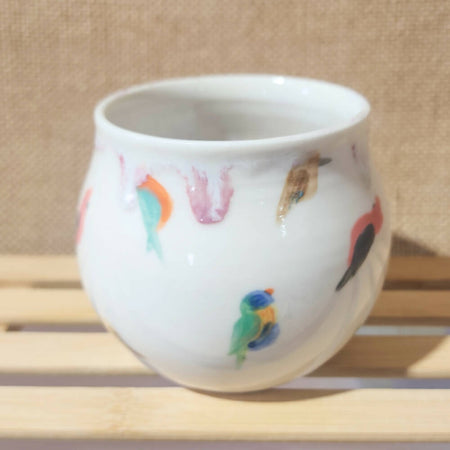 pink glazed porcelain birb doodle mug, handmade in tassie