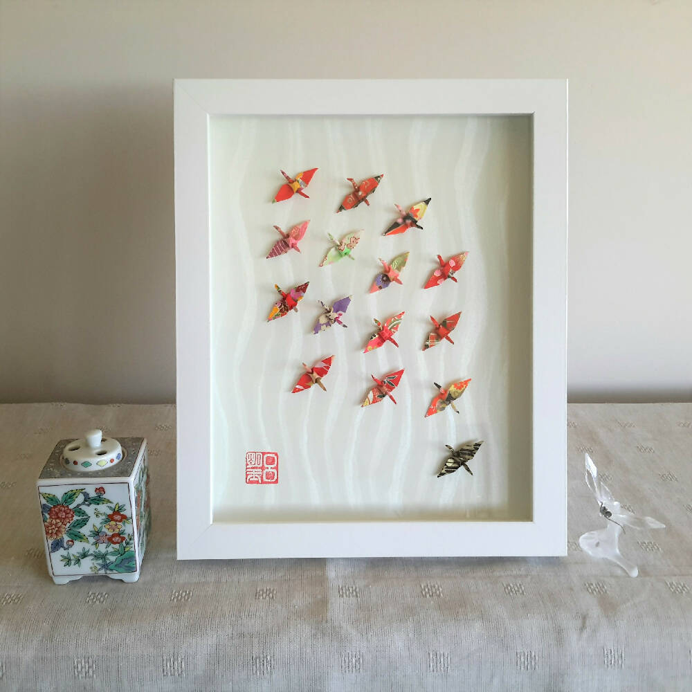 Framed artwork Wish Upon A Wing - exquisite red good luck cranes