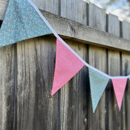 Flag Bunting - Pretty Green Floral and Pink with Dots (7 flags)