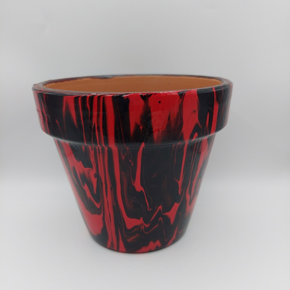 Red and Black Acrylic Poured Painted Terracotta Pot