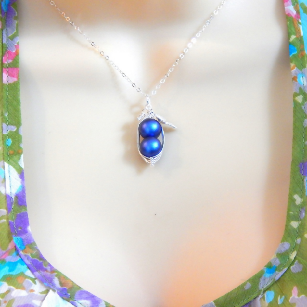 Two peas in a Pod Iridescent Dark Blue Necklace