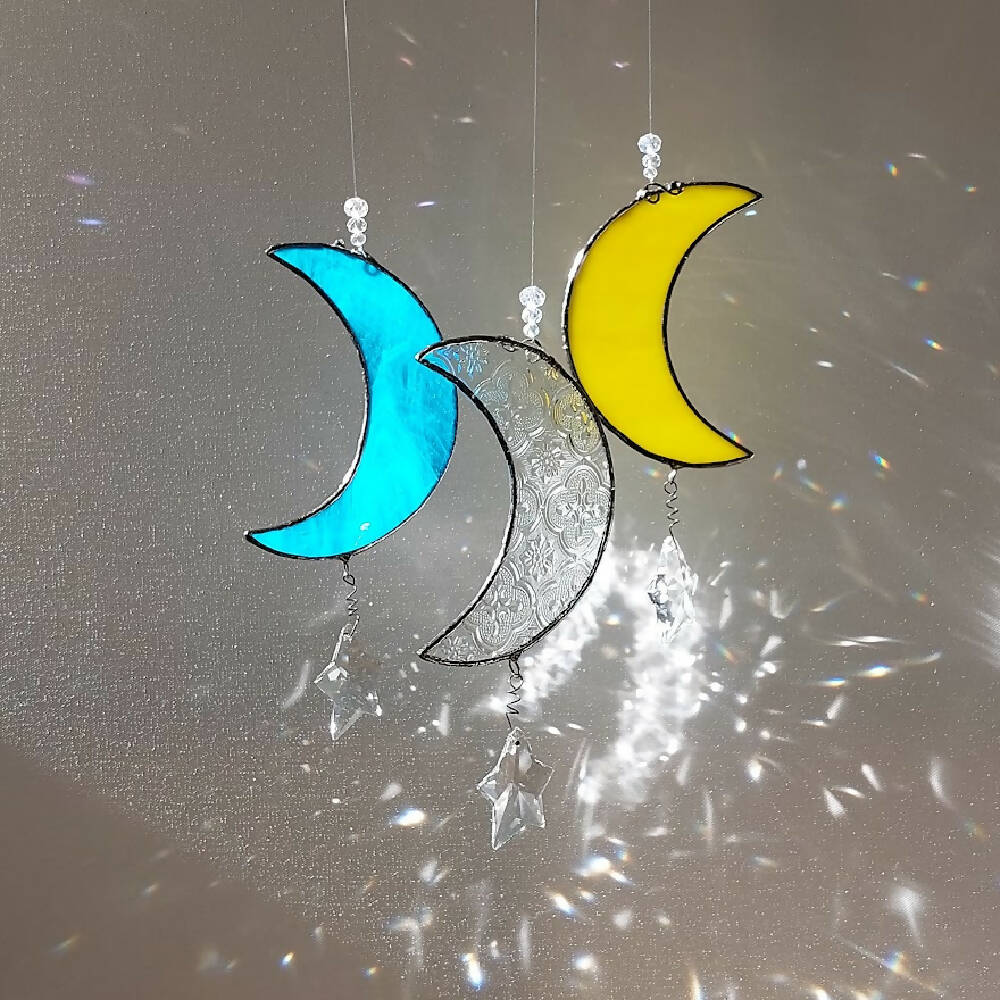 Crescent moon suncatcher, stained glass moon with crystals