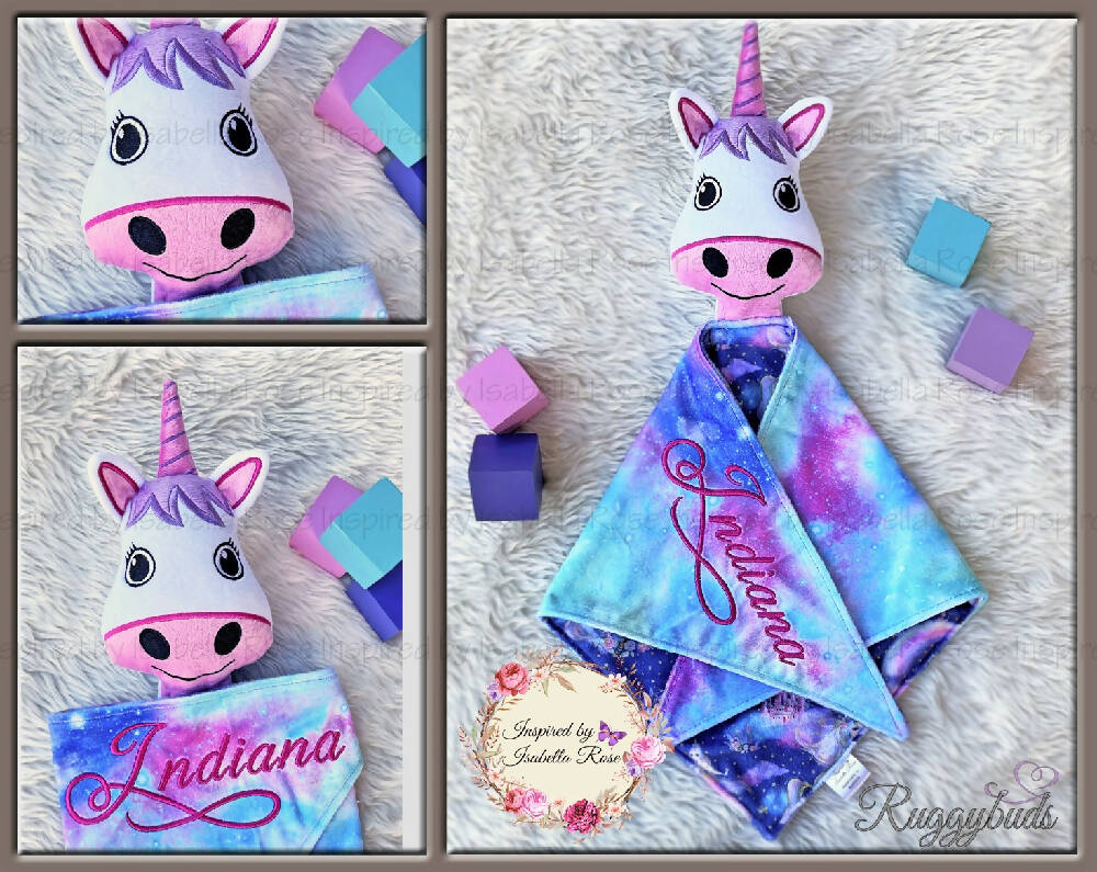 Baby comforter, Embroidered name, Unicorn themed Ruggybud, Made to order
