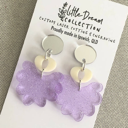 Purple glitter scallop acrylic earrings