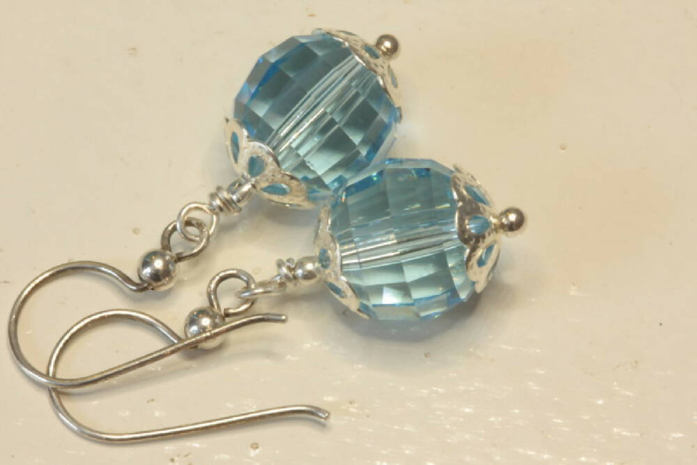 Aquamarine Blue Swarovski Chess Board Crystal Sterling Silver Earrings
