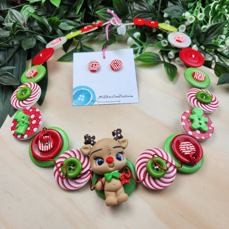 Christmas Reindeer Button Necklace - Polymer Clay Buttons - Necklace & Earrings