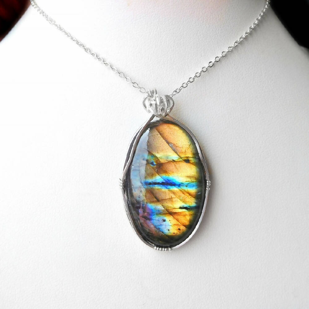 Large Labradorite pendant, unisex Sterling silver wire wrapped pendant