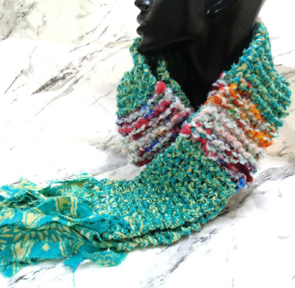 Fabric and Wool Scarf - Knitted - Boho Style - Ladies