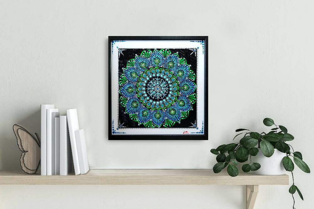 Framed Dot Art called "Blue Dahlia".