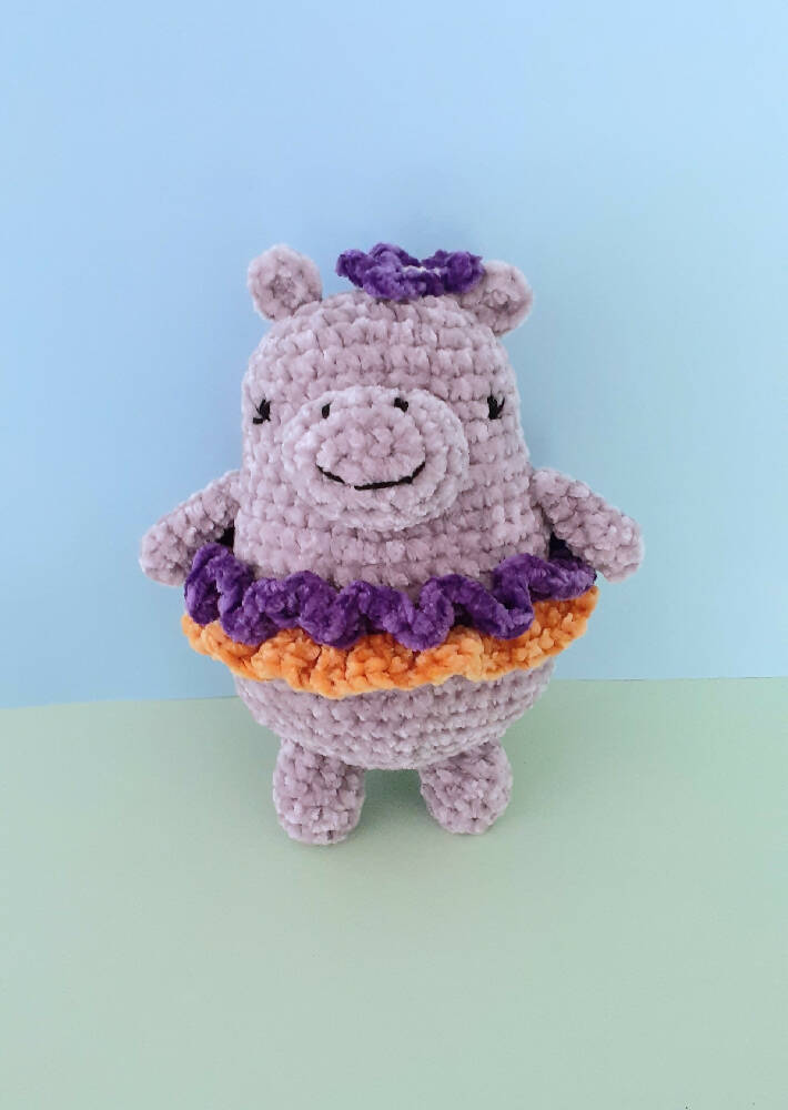 soft and cuddly, crocheted Happy hippopotamus toy