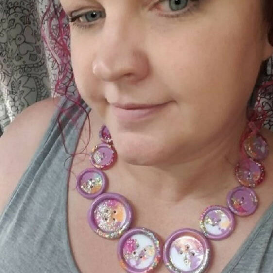 Button Necklace Pink Sparkle Handcast Resin Buttons & Earrings Jewellery