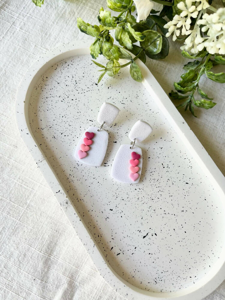 White Earrings with Ombre Hearts, Polymer Clay Lightweight Earrings