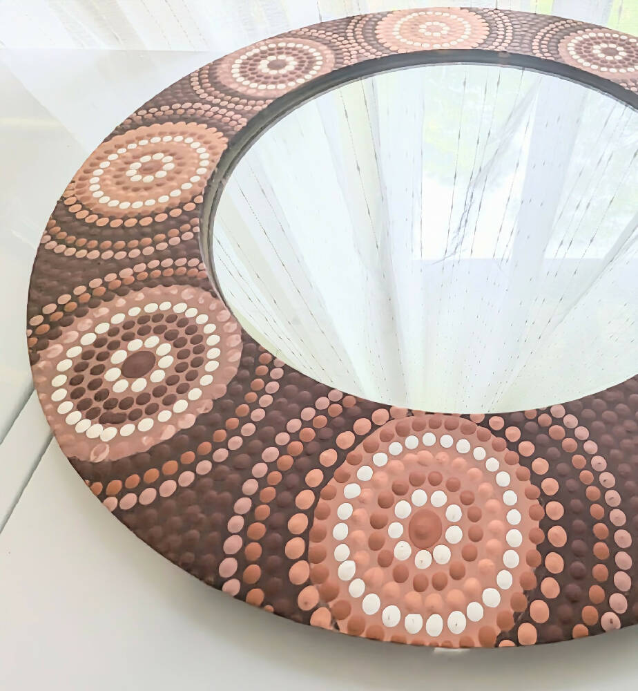 Earthy Clay Handpainted Mirror Contemporary Aboriginal Wall Art Circles Design