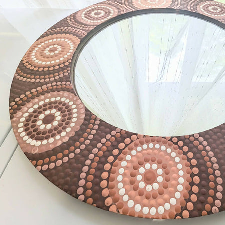 Earthy Clay Handpainted Mirror Contemporary Aboriginal Wall Art Circles Design