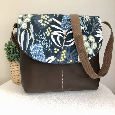 Blue Canvas and Genuine Leather Crossbody Bag with Moonlight Flora