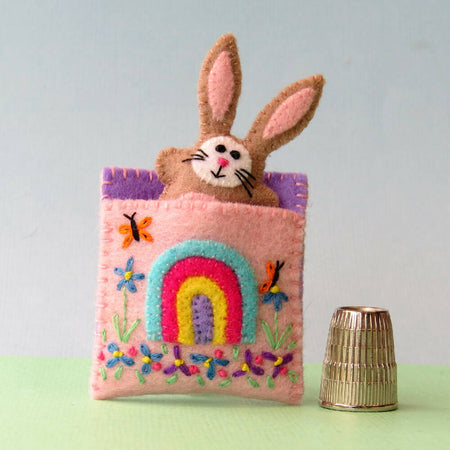 Miniature Felt Rabbit - Wool Felt Embroidered Bunny - Tin Bed