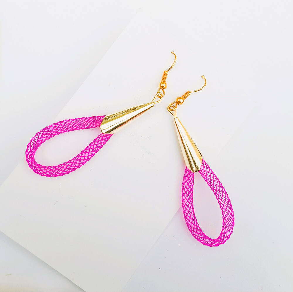Pink nylon mesh dangle earrings loop style.