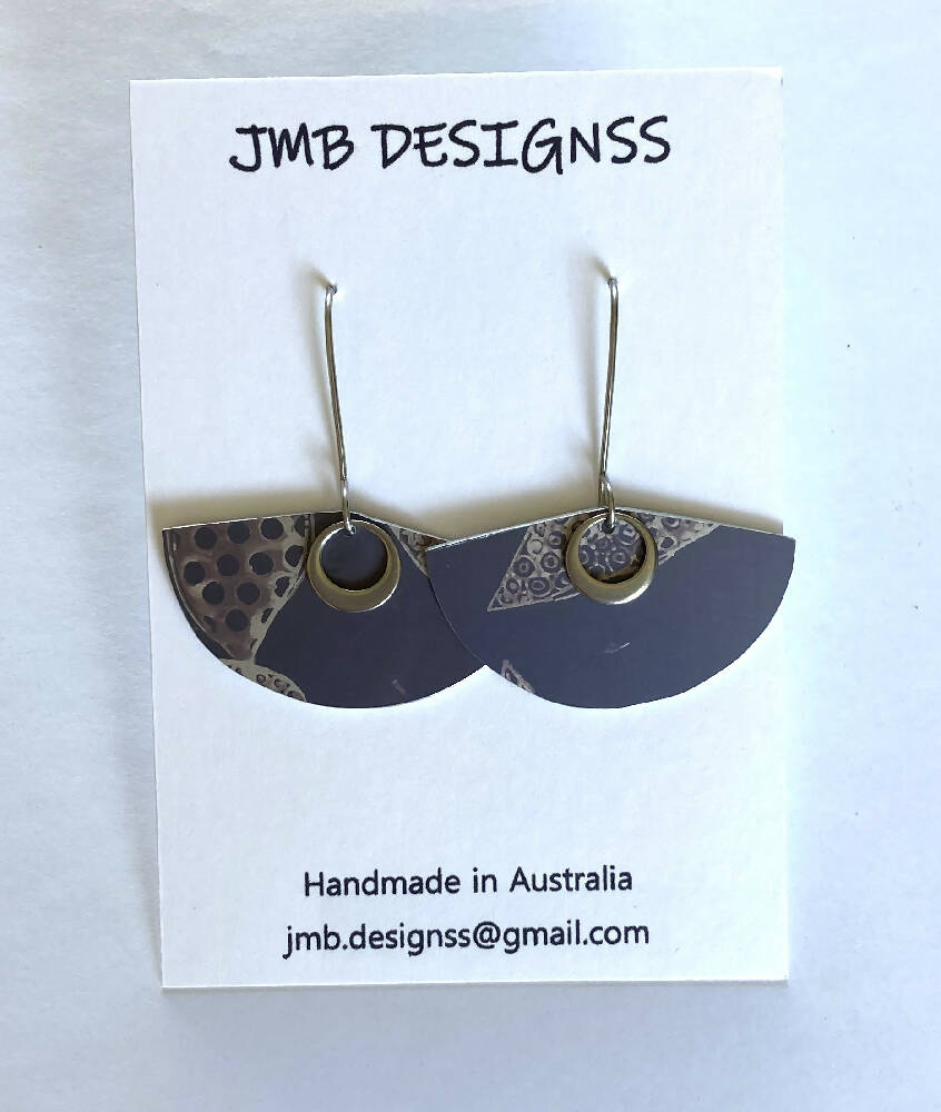 Printed and dyed grey anodised aluminium earrings