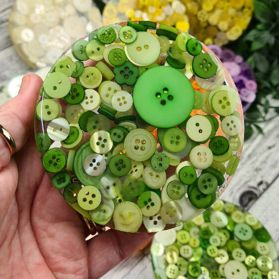 Coaster - GREEN - Button & Resin Mix - Drink Mug Glass - Paperweight - SINGLE