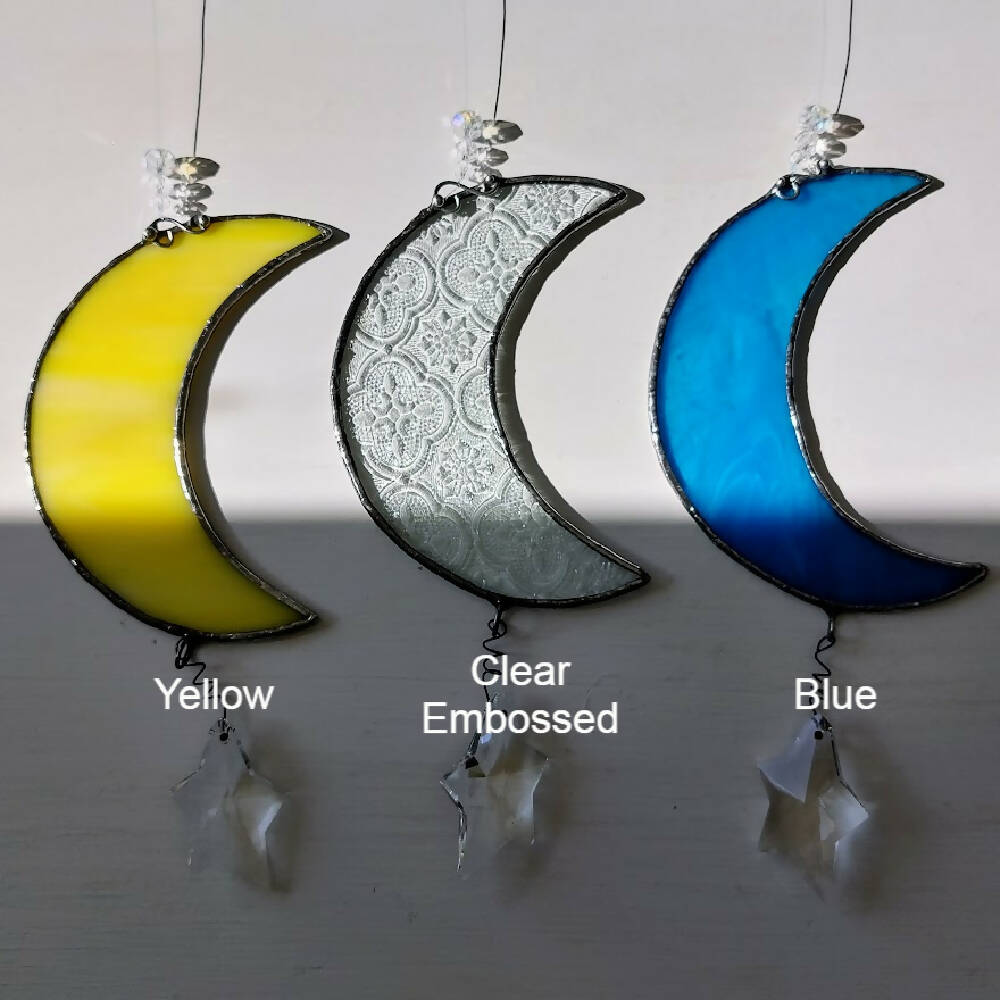 Crescent moon suncatcher, stained glass moon with crystals