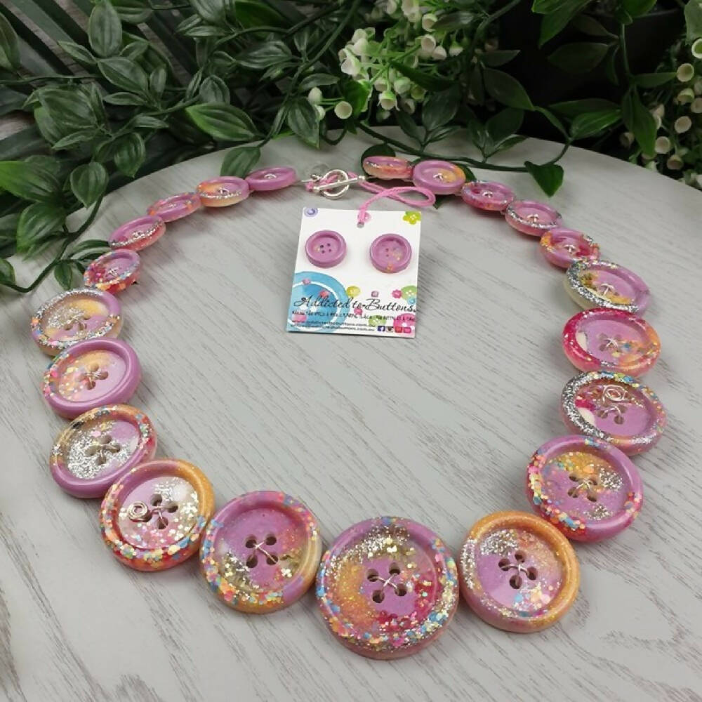 Button Necklace Pink Sparkle Handcast Resin Buttons & Earrings Jewellery