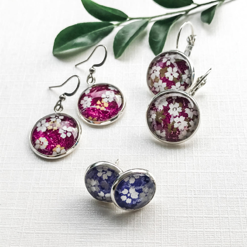 Purple Earrings with Little White Flowers