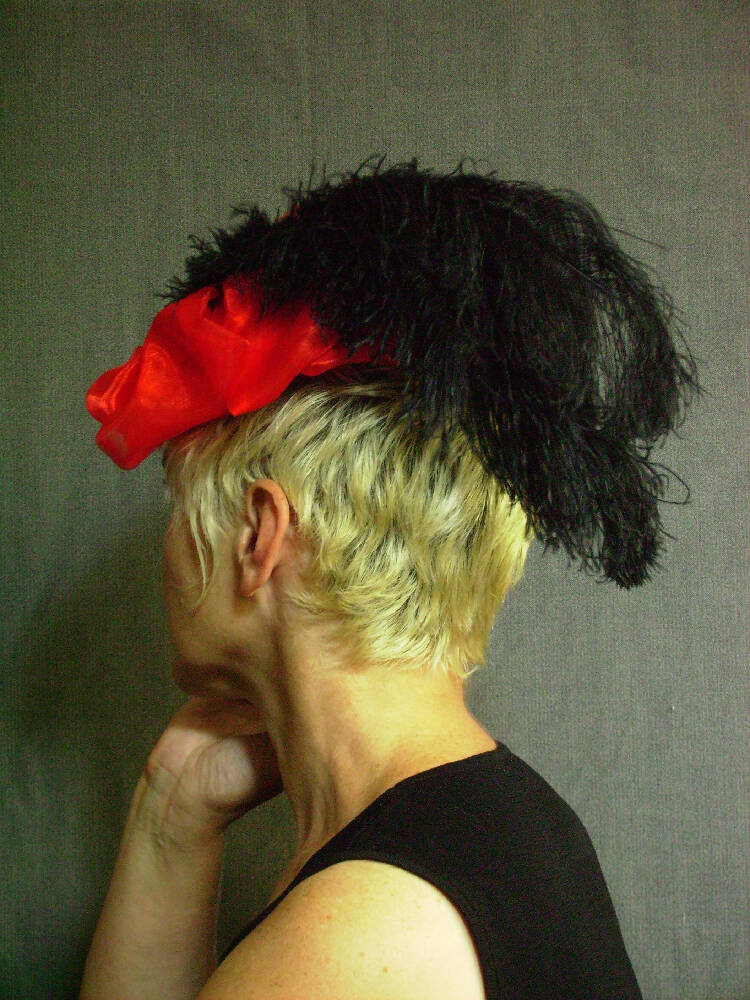 Race Day Hat / Fascinator / Cocktail Hat - Scarlet with black ostrich plumes