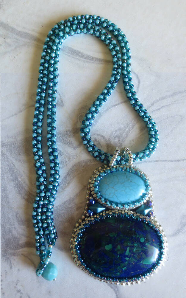 Double Cabochon Pendant Necklace with Beaded Rope