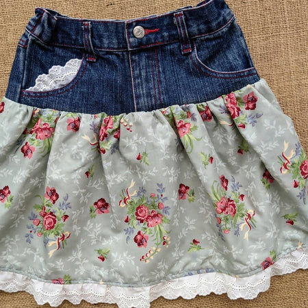 Upcycled Denim Size 5-6 skirt Roses and Lace