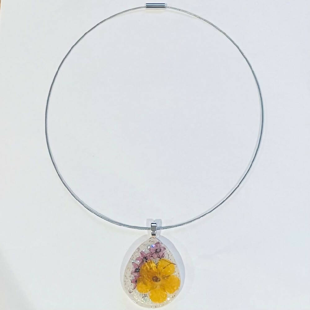 Resin Teardrop Flower Pendant on Necklace